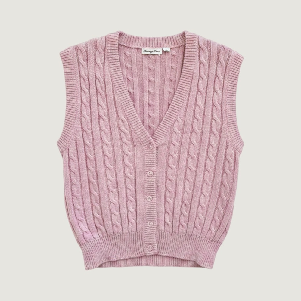 Vintage Carriage Court Pink Cable Knit Sweater Vest Front Cottagecore